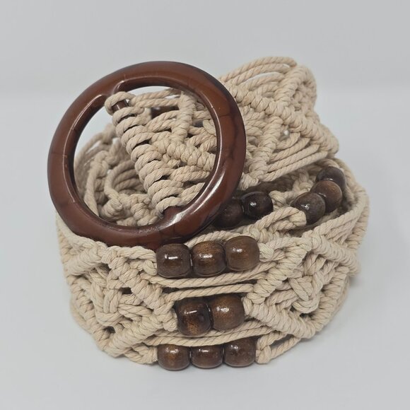 Woven Macrame Boho Belt with Wood Beads and Brown Tortoiseshell Buckle - Picture 6 of 10